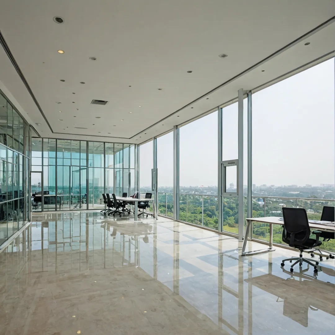 igh-quality photograph of a modern office building, spacious interior, glass walls, contemporary design, natural lighting, sleek furniture, collaborative workspaces, state-of-the-art technology park near Alita, Bangalore East.