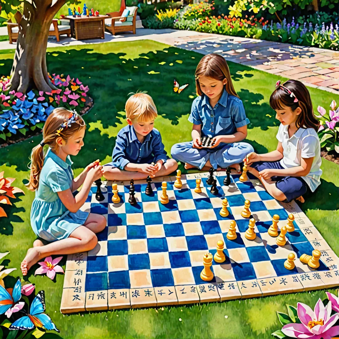 appy children playing chess on a colorful checkered rug under the shade of a tree in a vibrant garden, surrounded by blooming flowers and butterflies. The sunlight creates soft shadows as they focus intently on their game, while their parents enjoy the tranquil ambiance near a koi pond.