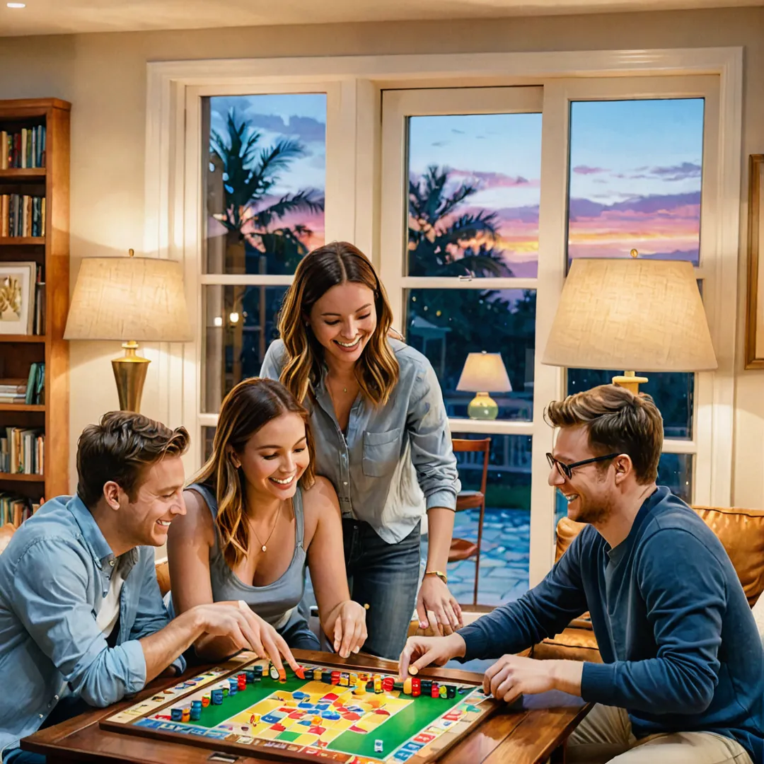  water color painting of a group of friends playing a board game in an inviting living room, laughing and enjoying each other's company under the warm glow of lamps. The room is decorated with cozy furniture, bookshelves, and artwork on the walls. One friend moves a piece on the board while another examines the options, engrossed in the game. The background shows a beautiful sunset outside the window, casting soft golden light into the space.