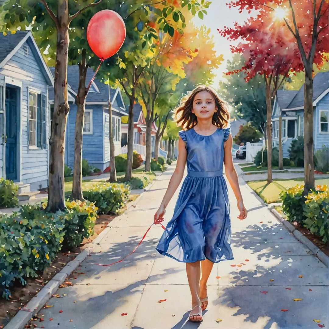 atercolor painting of a young girl in a blue dress, holding a red balloon as she skips down a sidewalk lined with colorful trees and houses. The sun is setting behind her, casting warm golden light on the scene.