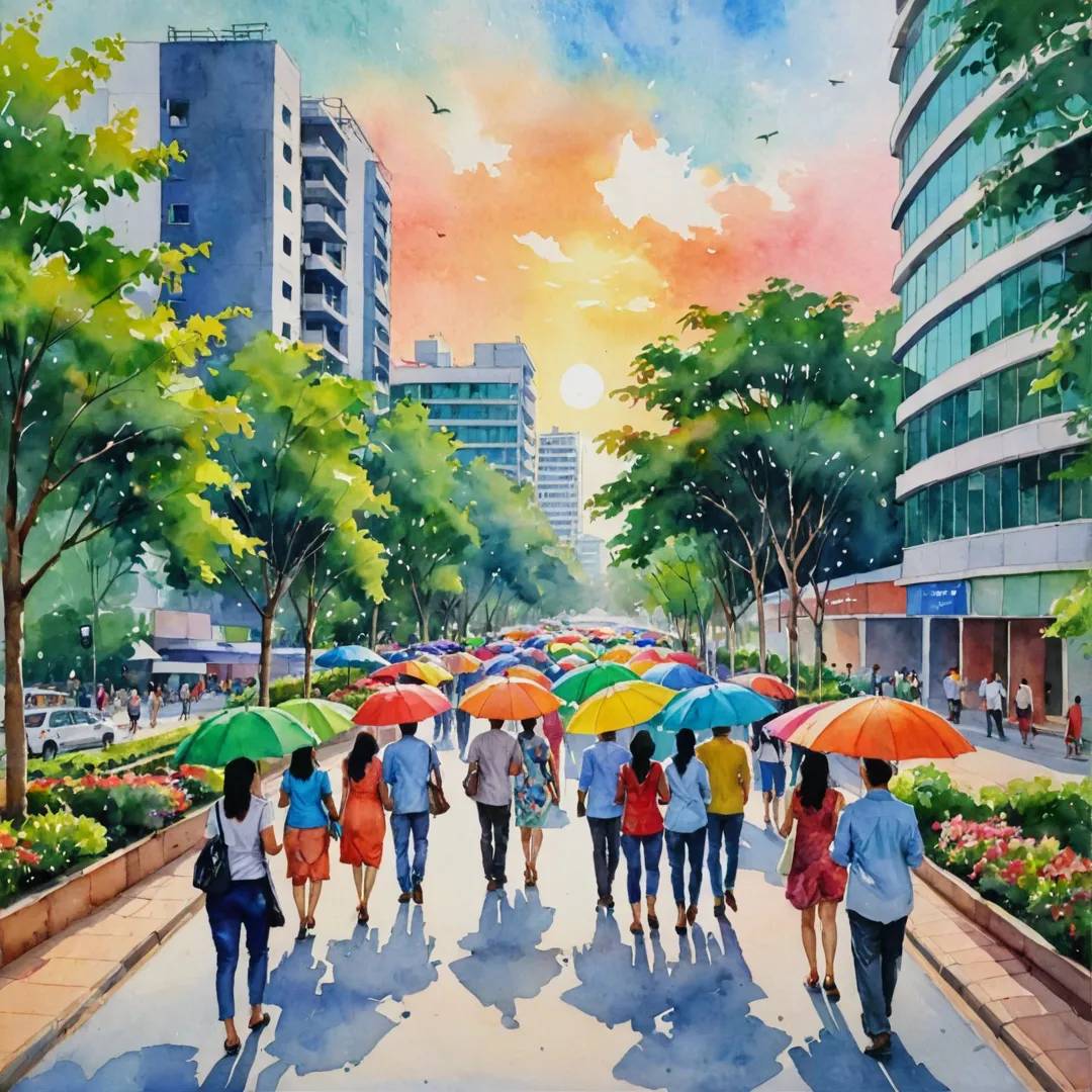 ibrant watercolor painting of a lively IT park, Bangalore East, bustling with activity, people walking and talking, green spaces, modern buildings, colorful umbrellas providing shade, in the background, a beautiful sunset casting warm colors on the scene.