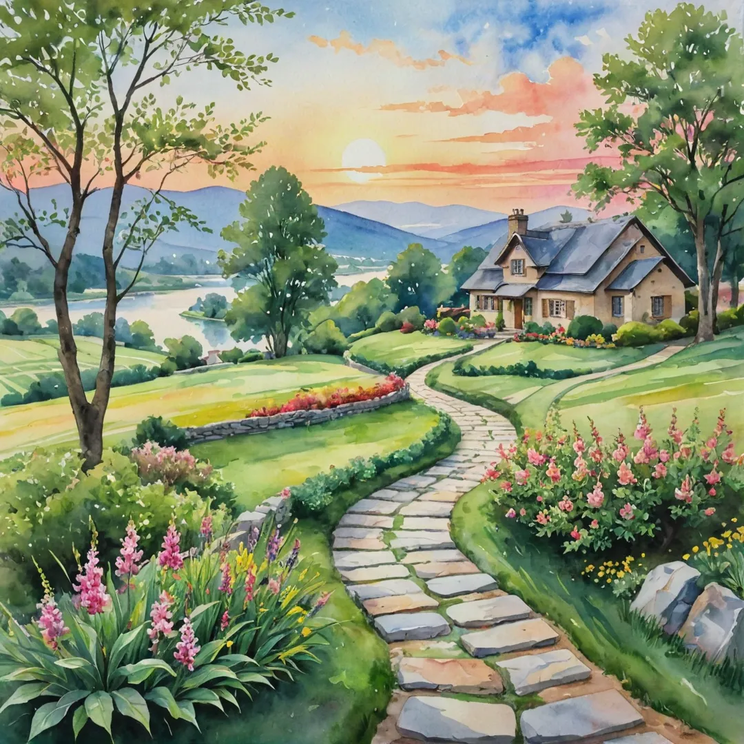 tercolor painting of a serene landscape, featuring lush greenery and a peaceful river winding through it. The sky is painted with vibrant colors of sunset, casting warm hues over the scenery. In the distance, there is a small village nestled among hills, with smoke billowing from chimneys, indicating a cozy and welcoming atmosphere. A stone pathway leads to an idyllic countryside home in the foreground, surrounded by blooming flowers and trees. The overall feel of the painting should be one of tranquility, harmony, and natural beauty.