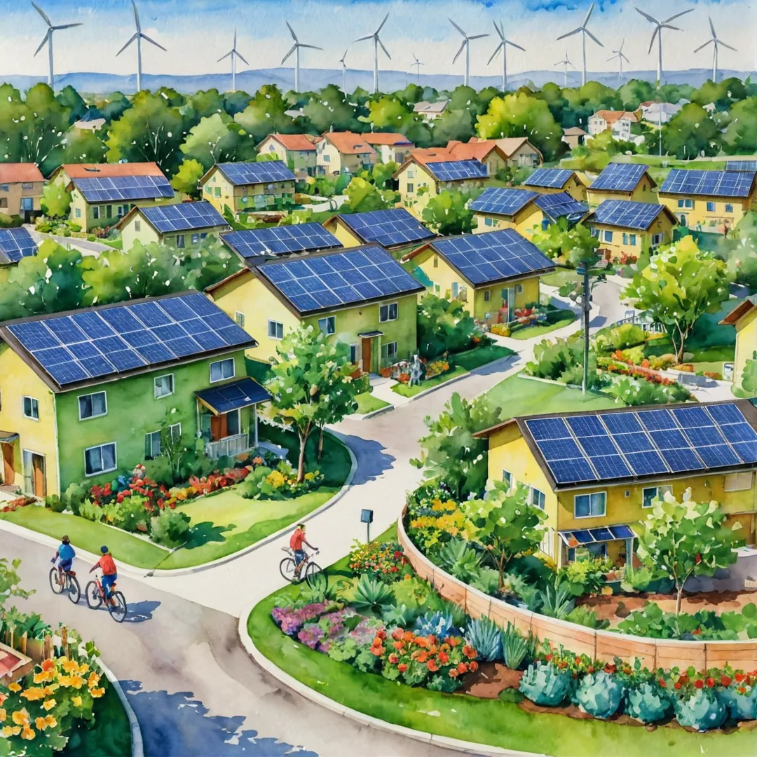 atercolor painting of a colorful and sustainable residential community, featuring green spaces, solar panels, energy-efficient buildings, wind turbines, bicycles, recycling facilities, organic gardens, and happy families enjoying outdoor activities in harmony with nature.