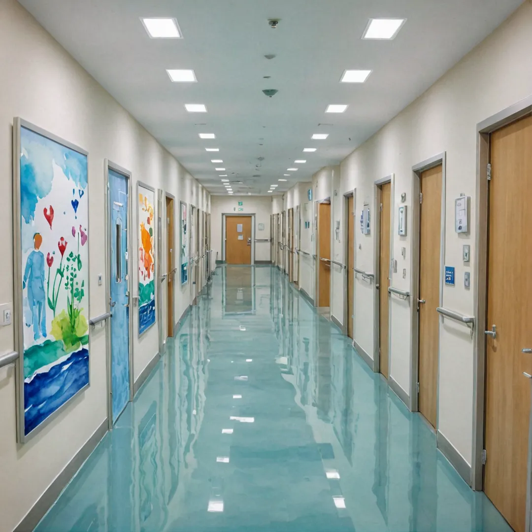 edical center, hospital corridor, modern architecture, technologically advanced, patients, doctors, nurses, life-saving equipment, sterile environment