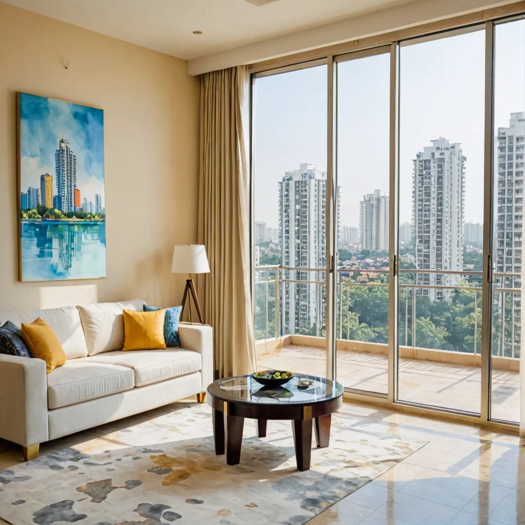 odern apartment complex, luxurious interiors, floor-to-ceiling windows, sunlit living room, stylish furniture, cityscape view, East Bangalore skyline, high-rise buildings, contemporary architecture