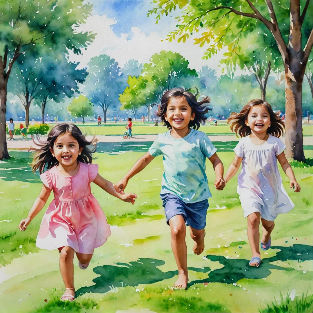 hildren playing in a park, watercolor painting, bright colors, joyful atmosphere, laughter, sunshine, green grass, happy families