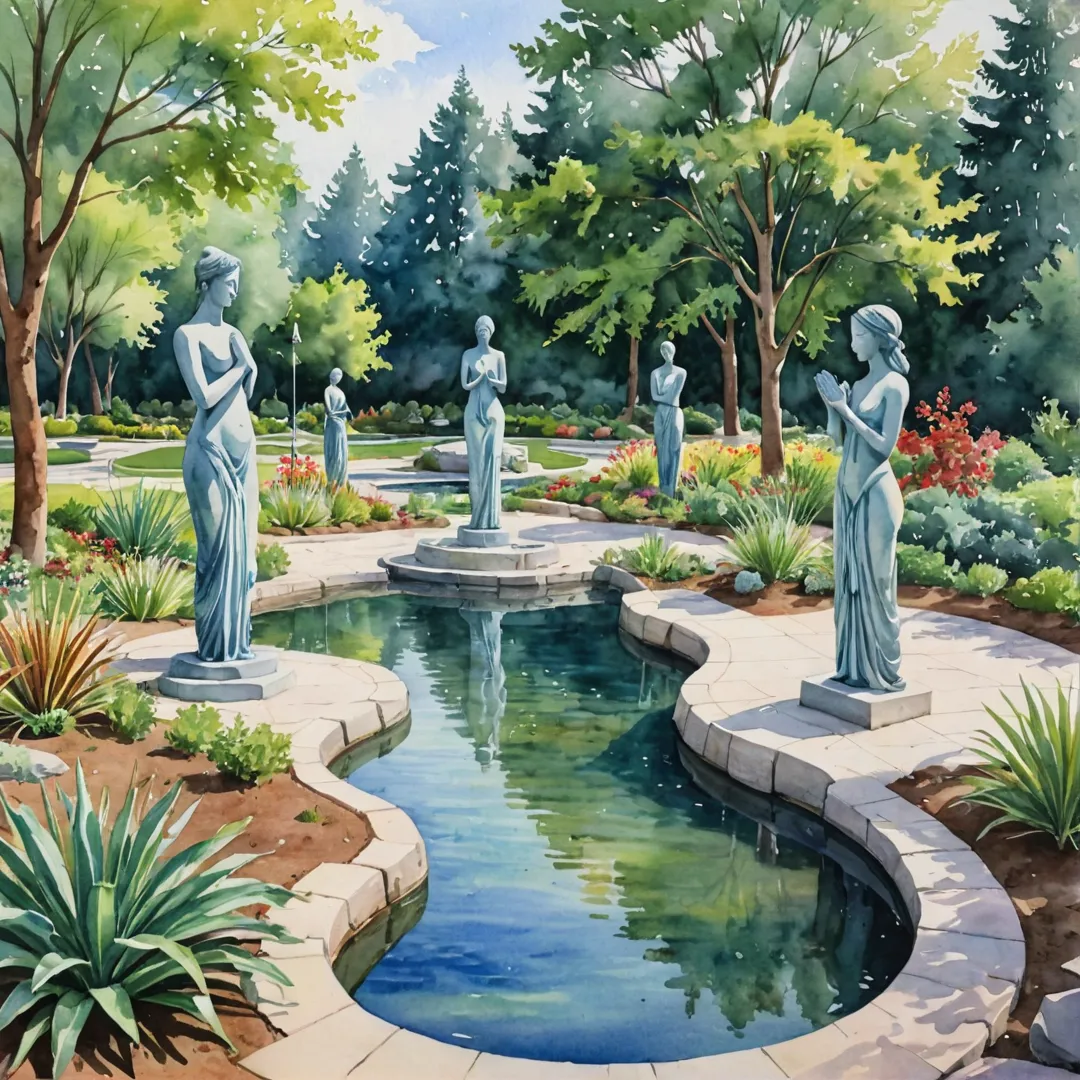 atercolor painting of a tranquil sculpture garden, highlighting the natural beauty of the landscape and the artistic expression of the sculptures. The scene showcases residents interacting with the installations, creating an atmosphere of community engagement and cultural enrichment.