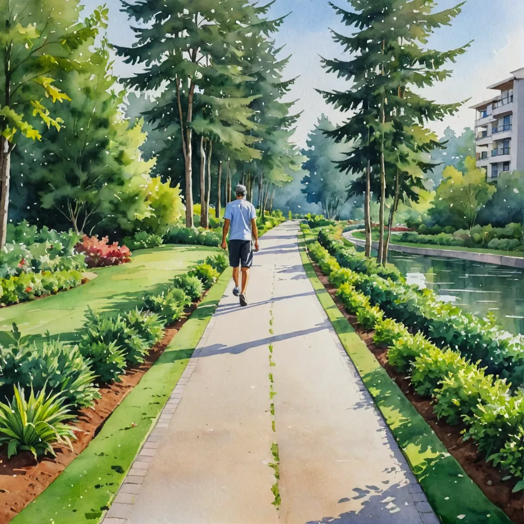 althy individual walking on a path surrounded by greenery, modern residential complex in the background, early morning sunlight filtering through trees, peaceful ambiance.