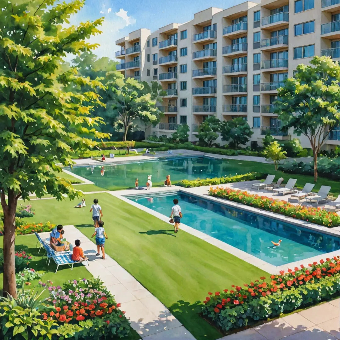 eautiful residential landscape with spacious green lawns, well-manicured hedges, and colorful flowers. A modern apartment building in the background showcases large windows, balconies, and an expansive rooftop terrace offering stunning views of the surrounding open spaces. A family enjoys a picnic on a checkered blanket near a serene pond with koi fish, while children play fetch with their dog by the lushly planted trees. The scene is filled with warm sunlight, gentle breezes, and birds chirping, creating an idyllic environment that fosters community connection and appreciation for nature.