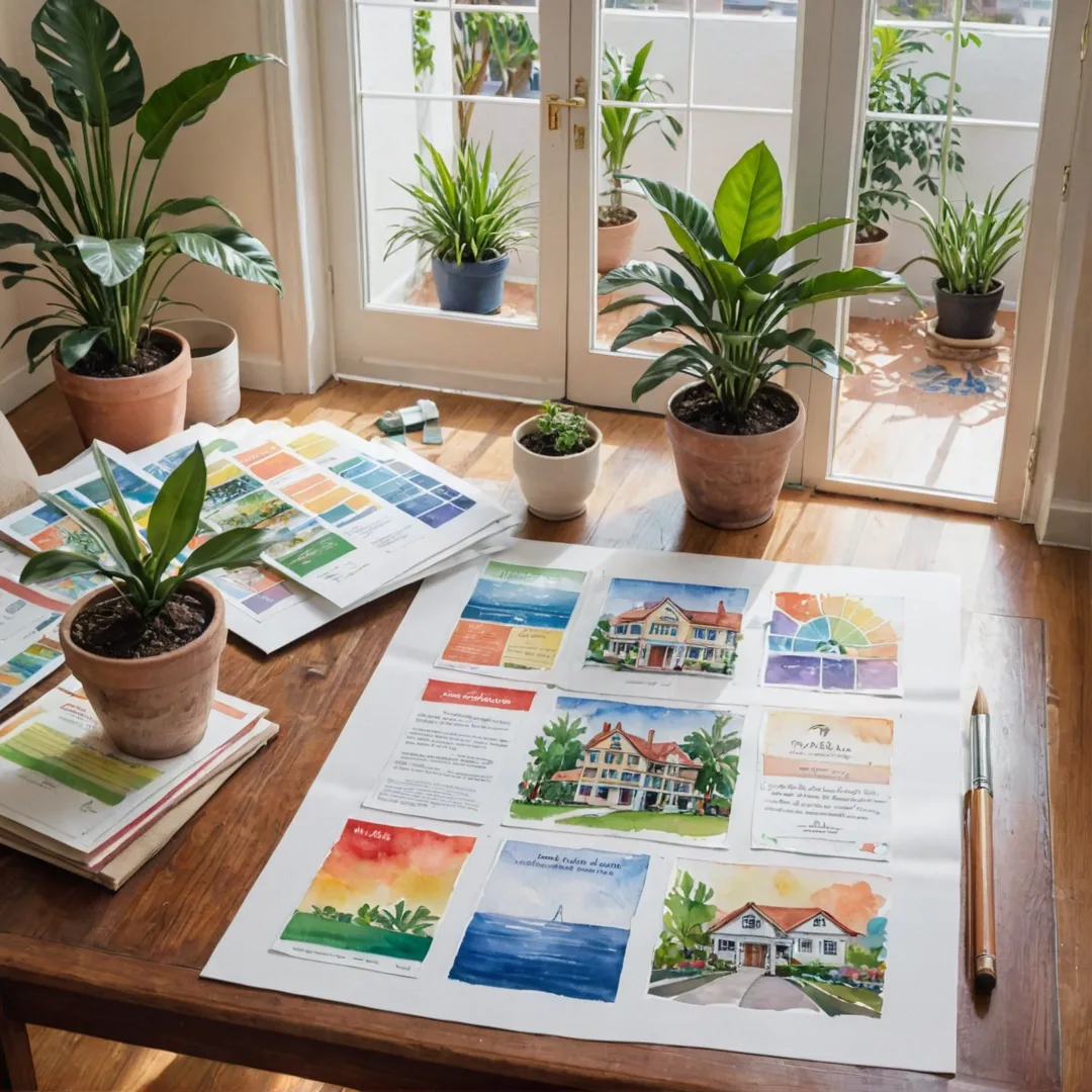  watercolor painting of a charming real estate office with colorful brochures and floor plans displayed on tables. The office is decorated with potted plants, and sunlight streams in through the windows, casting warm shadows on the walls. In one corner, a family is discussing their dream home while seated comfortably on a cozy couch. On another table, there's a framed certificate that reads 