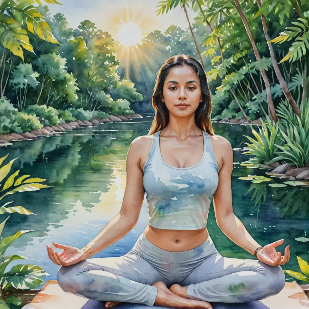 atercolor painting of a woman in a yoga pose, serene expression on her face, surrounded by lush greenery and a tranquil lake. The sun peeks through the trees casting warm light onto her skin as she enjoys the peacefulness of the gated community in Alita.