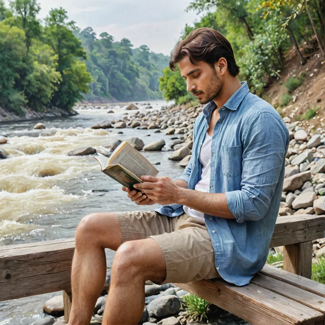 an sitting on a wooden bench, reading a book, near a flowing river, watercolor painting