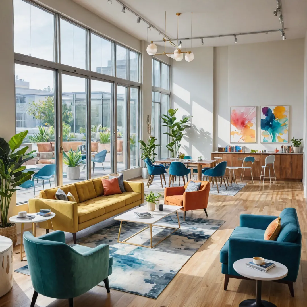 atercolor painting of a vibrant, community workspace lounge with modern furniture and diverse professionals collaborating, sharing ideas, and networking over coffee. The room is illuminated by natural light streaming in from large windows, creating a warm and inviting atmosphere.