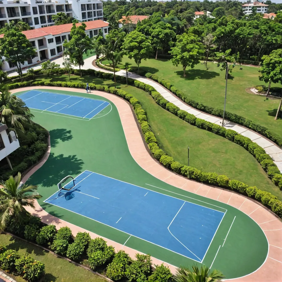 ctive residents engaged in sports, diverse facilities such as basketball courts and badminton, cricket pitches, running tracks, and multipurpose grounds. Community wellness prioritized with shared workspaces for remote working needs and beautifully landscaped gardens. Social gatherings around leisurely walks and relaxation spots in green open spaces within the gated community. Prime location, modern amenities, and emphasis on healthy lifestyle in Bangalore.