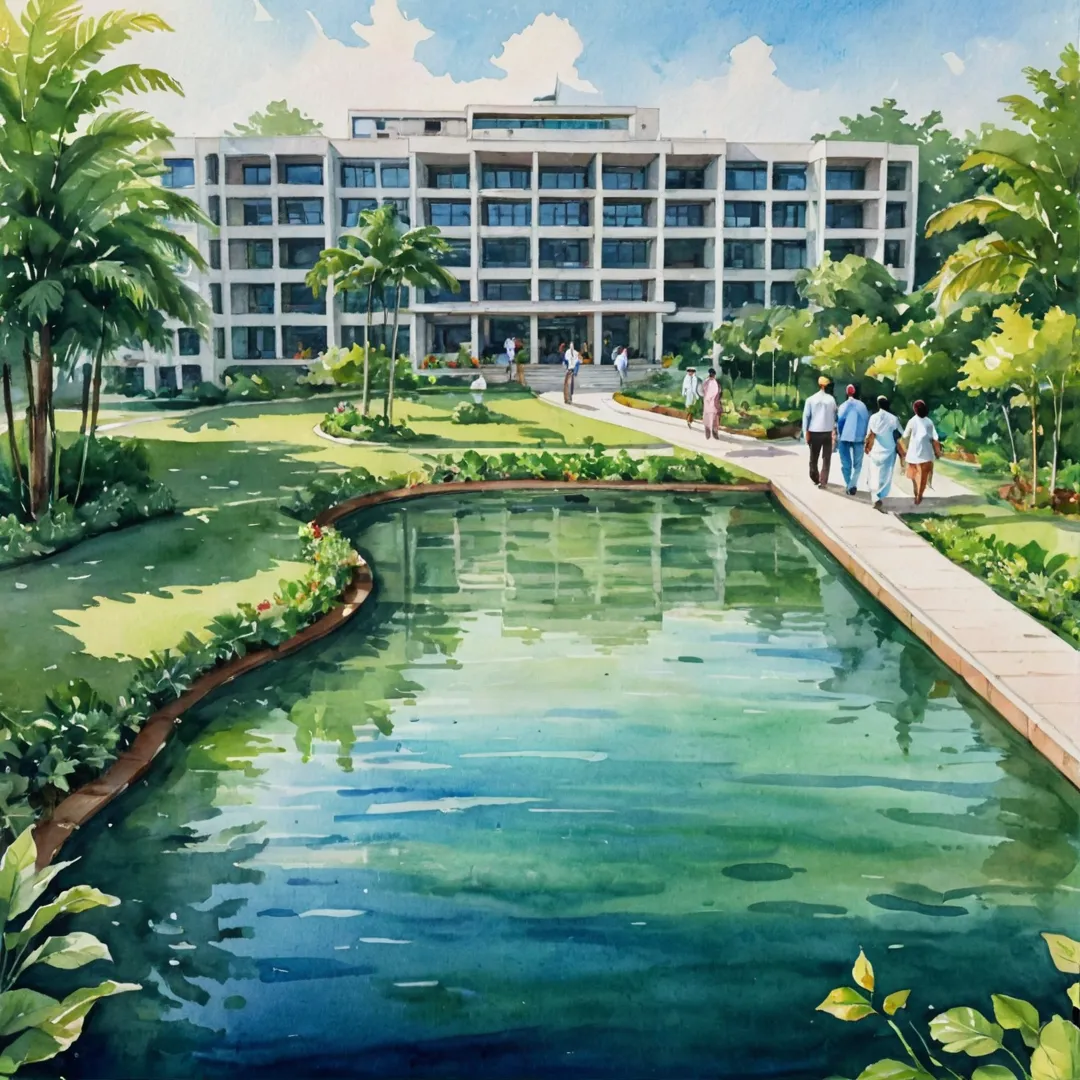 igh-resolution image of a modern hospital building, surrounded by lush greenery and serene water bodies. The sun shining down on the scene creates a warm and inviting atmosphere. In the foreground, people are seen walking towards the entrance of the hospital, indicating its accessibility and convenience.