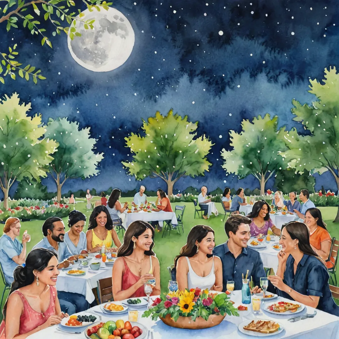 atercolor painting of a diverse group of people enjoying an outdoor potluck dinner in a spacious park-like setting, under the stars and a crescent moon, laughing and sharing stories around colorful tables adorned with delicious food, vibrant flowers, and candles, creating a warm and inviting atmosphere that fosters community spirit and connection.