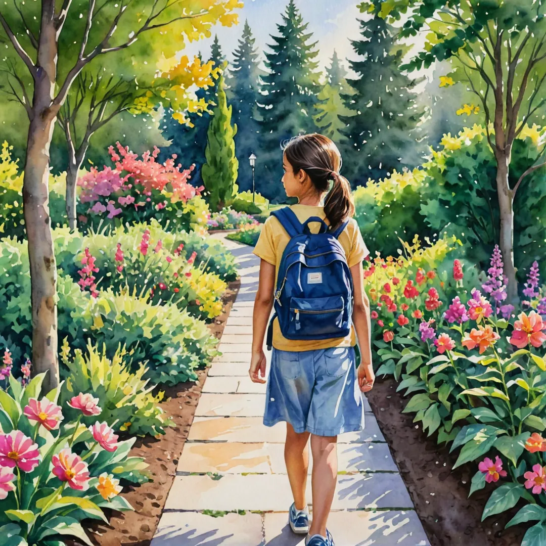 atercolor painting of a young girl with a backpack walking through a beautifully landscaped garden, surrounded by colorful flowers and trees, on her way to a nearby school. The sun is just beginning to set, casting warm golden light onto the scene. The girl exudes joy and excitement as she navigates through the picturesque pathway leading towards education and growth.