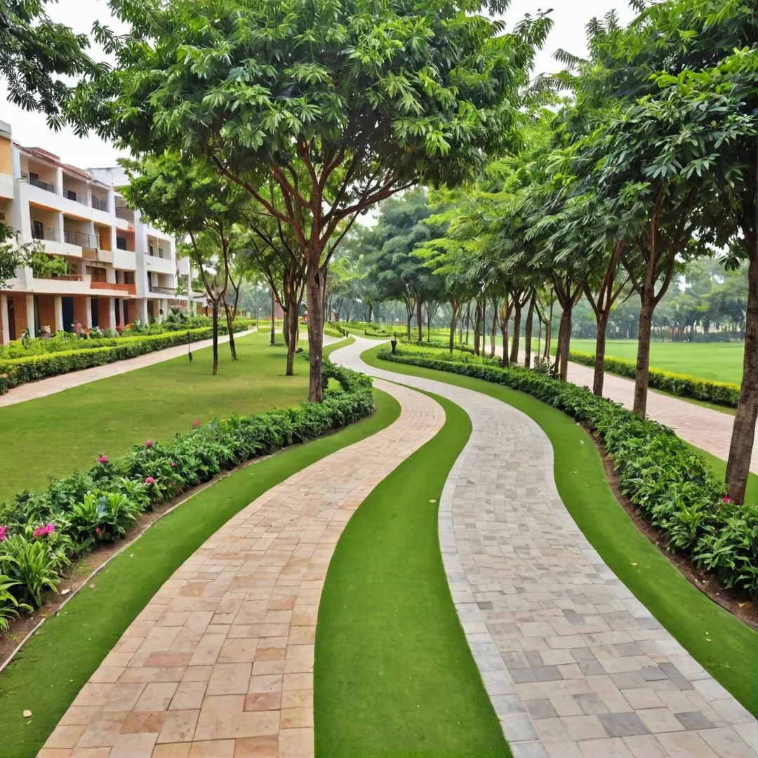 ibrant green landscape, serene environment, Kacharakanahalli, Bangalore, Alita Landscape Design, lush vegetation, natural beauty, modern amenities, walking paths, seating areas, rain gardens, permeable surfaces, community spaces, centrally located community center, social gatherings, events, play areas, age-appropriate equipment for children, sports facilities, tennis courts, basketball courts, jogging track, peaceful lifestyle, thriving community.