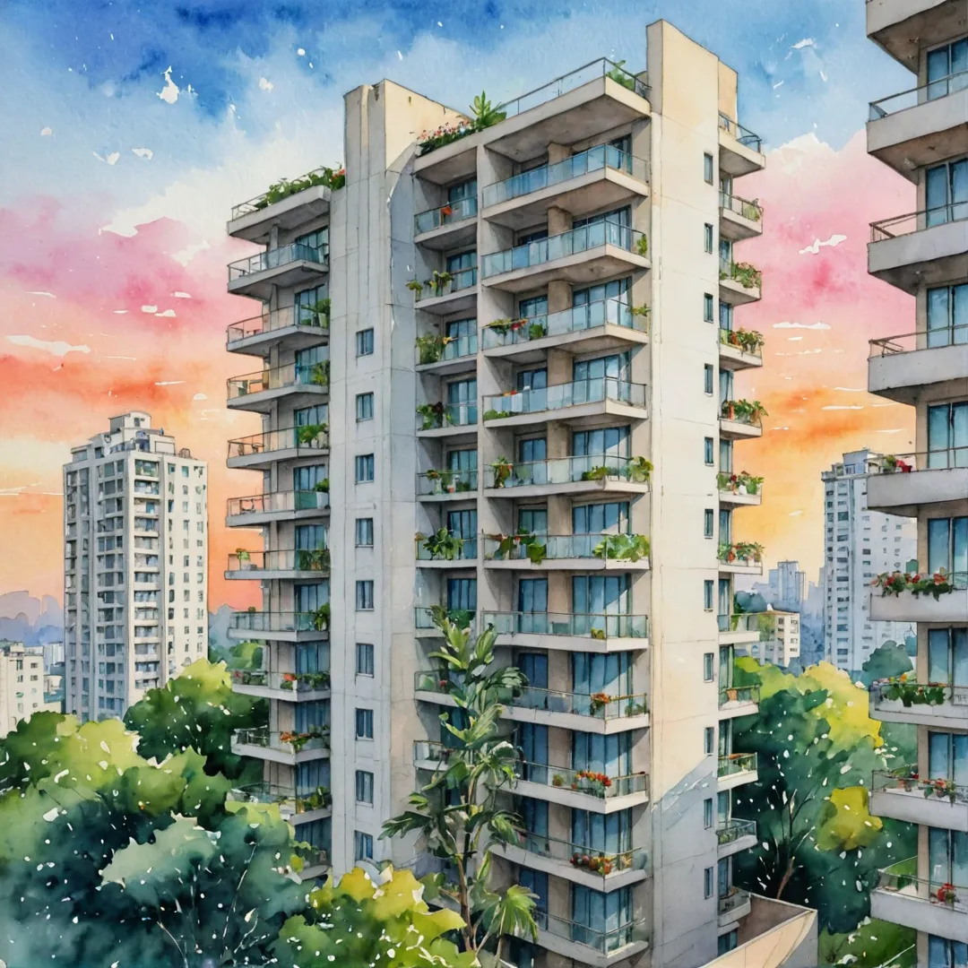 igh-rise building in the city, modern architecture, greenery, balcony, urban oasis, serene environment, sunset, calmness