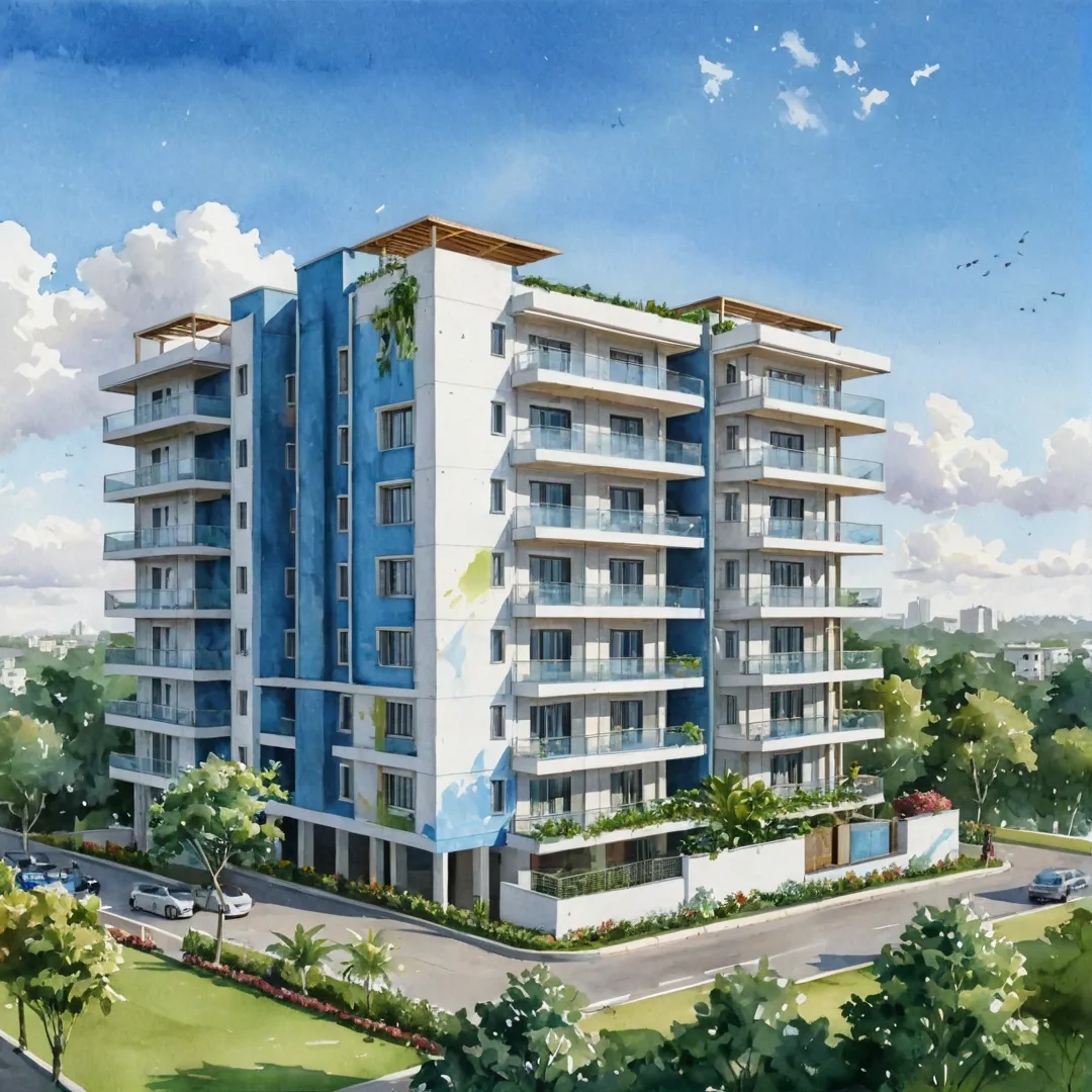 ealistic rendering of a modern residential complex with Alita logo, well-lit rooms, spacious balconies, greenery surrounding the building, blue sky in the background.