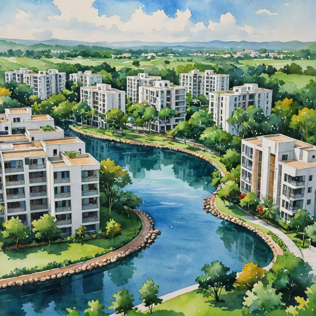 ater color painting of a serene residential complex nestled amongst lush greenery, with buildings designed in harmony with their natural surroundings. The image showcases the perfect blend of work and life as residents can enjoy easy access to nearby amenities like shopping malls, schools, hospitals, restaurants, and recreational facilities. The vibrant GR Tech Park is visible in the distance, adding an aura of modernity and connectivity to the picture-perfect scene.