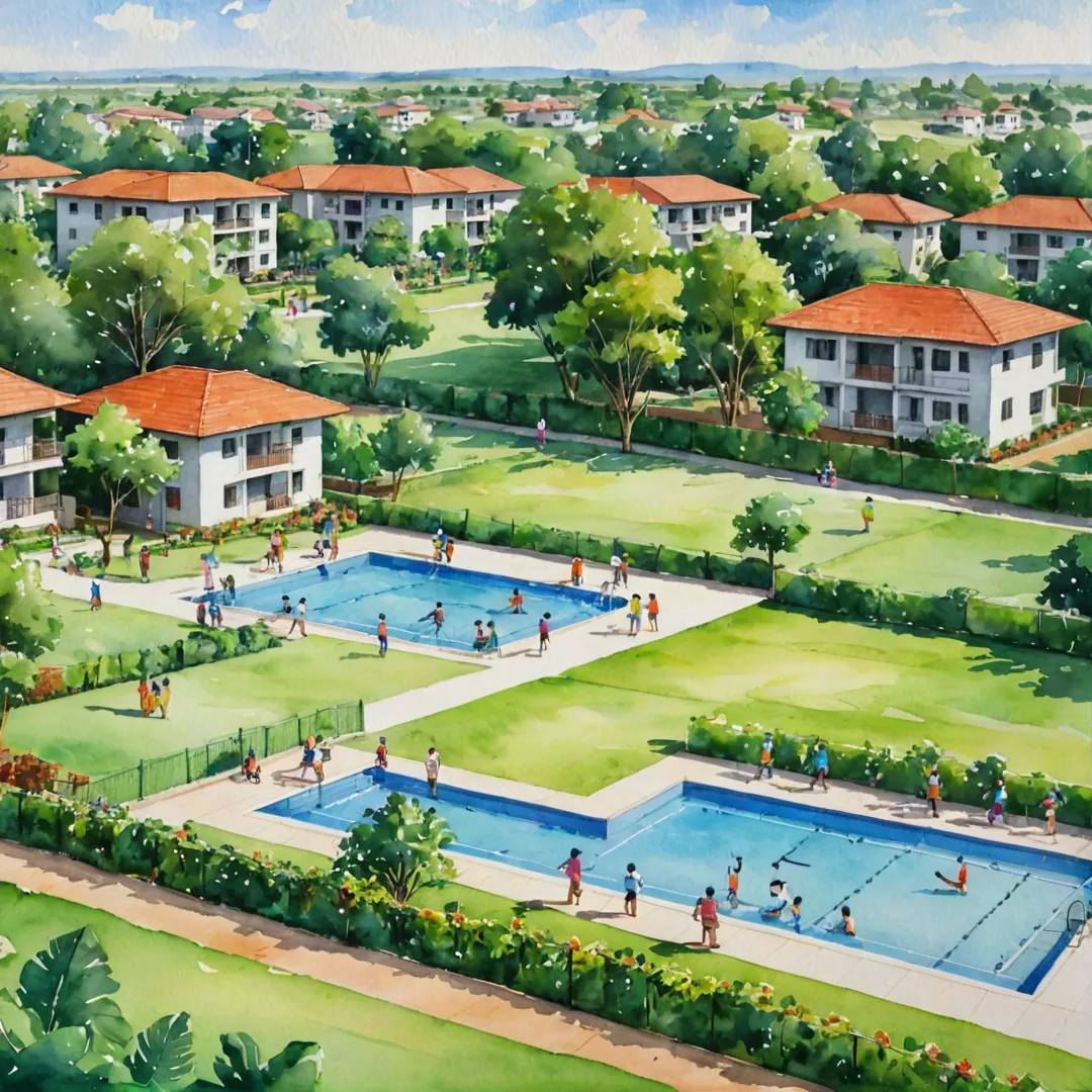 ater color painting of a vibrant community with lush greenery, open fields for various sports activities, children playing joyfully, adults engaged in exercise, and a gated community housing modern residences. The scene captures the essence of Alita's nurturing environment that promotes an active and healthy lifestyle for its residents.