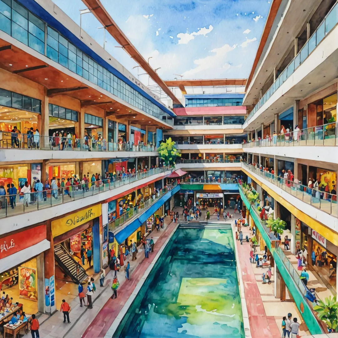 ibrant shopping mall with bustling shoppers, colorful stores, and diverse food options, capturing the essence of Alita's entertainment hub.