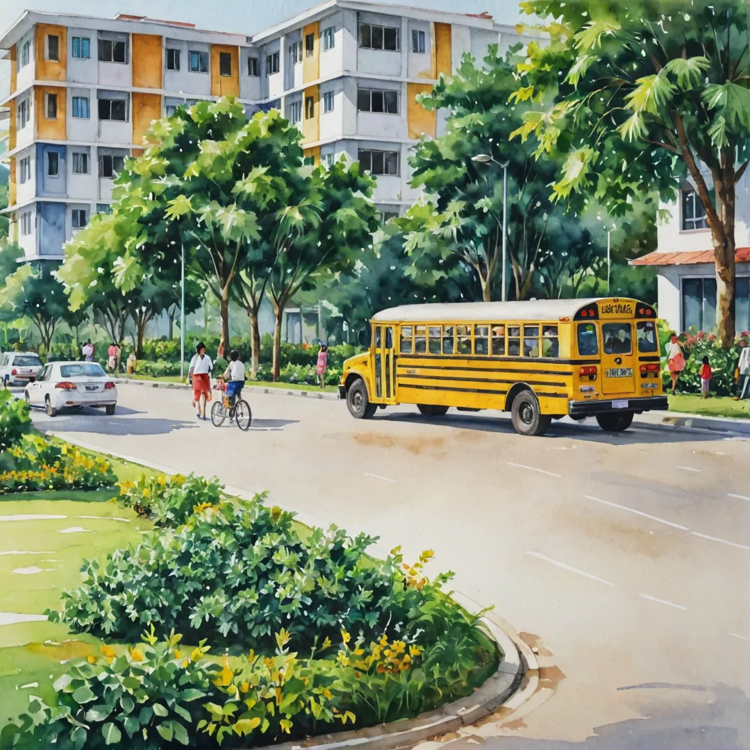 chool bus driving past a modern residential complex, Alita, in the background. The complex is surrounded by lush greenery and has well-maintained pathways for children to walk or ride their bikes to school. A group of students wearing uniforms chatting enthusiastically while walking towards the school entrance.