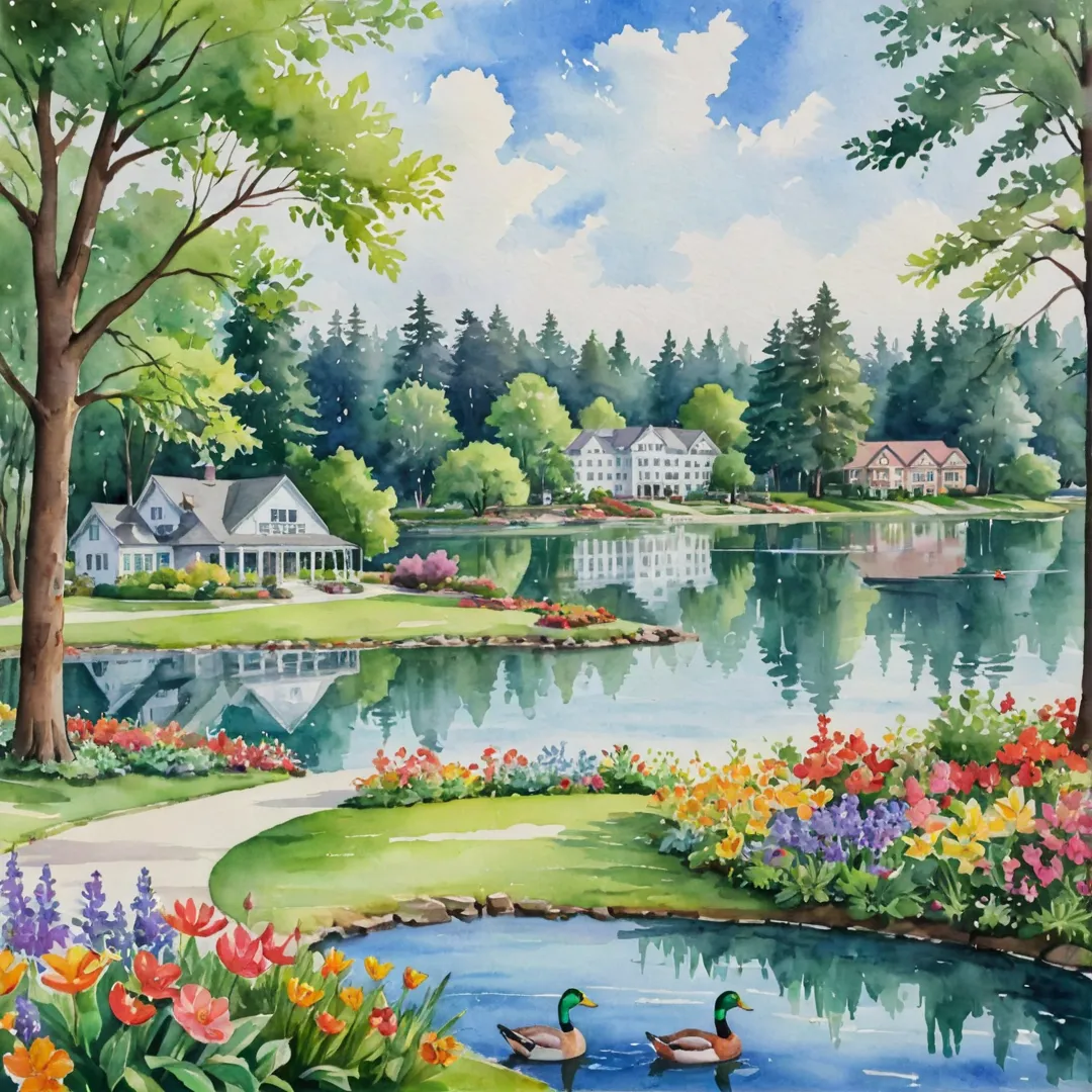 atercolor painting of a cozy residential neighborhood with lush greenery, surrounded by tall trees and colorful flowers, overlooking a serene lake with ducks swimming gracefully, in the background is a hospital building symbolizing access to medical care, and on the right side are families walking together, children playing in the park, and couples strolling hand-in-hand, creating an image of harmony and wellness.