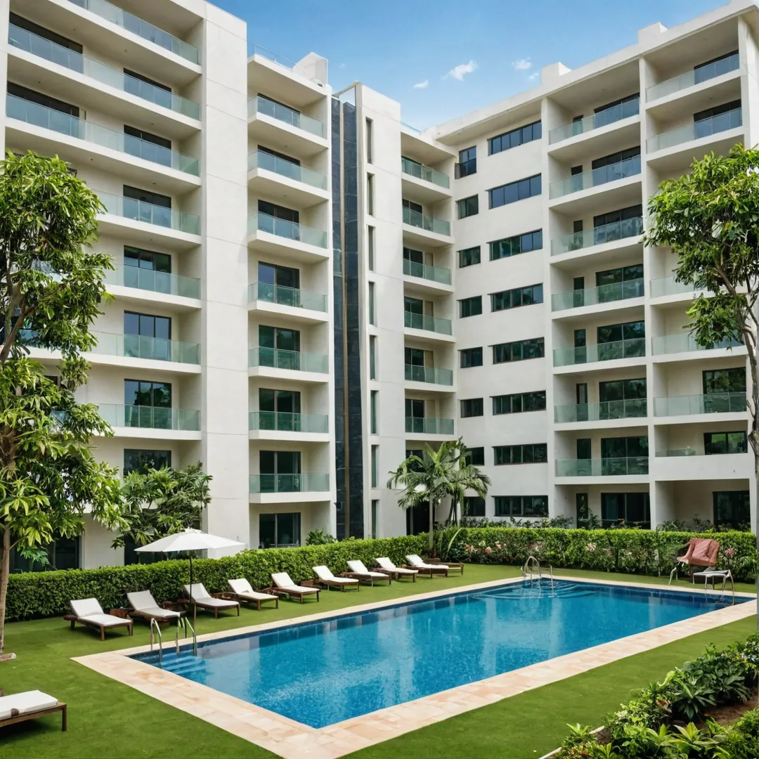 igh-end residential building in Bangalore with lush greenery, open spaces, and modern amenities like a swimming pool, clubhouse, and workspace lounge. The environment exudes elegance and serenity while maintaining an urban vibe.