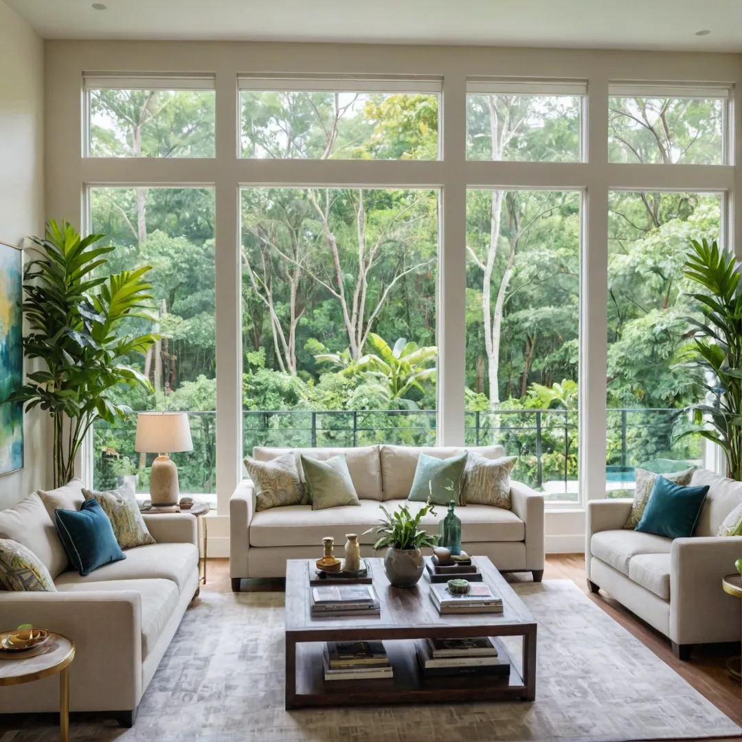 uxury living room with large windows overlooking lush greenery, natural light flooding the space, contemporary furniture arranged for relaxation, peaceful ambiance.