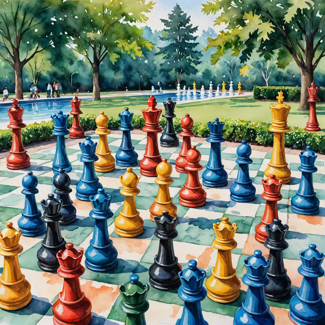 iant chess pieces, strategic gameplay, outdoor park, community engagement, friends gathering, intellectual stimulation, fun activities, modern living space