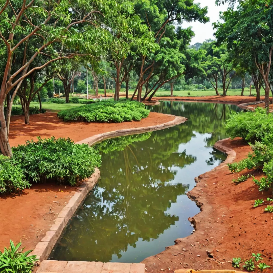 ush greenery, red soil, landscaping design, sustainable living environment, natural beauty, eco-friendly, trees, plants, shade, water tables, Kacharakanahalli lake, Bangalore, water saturation, groundwater level, preserving the environment.