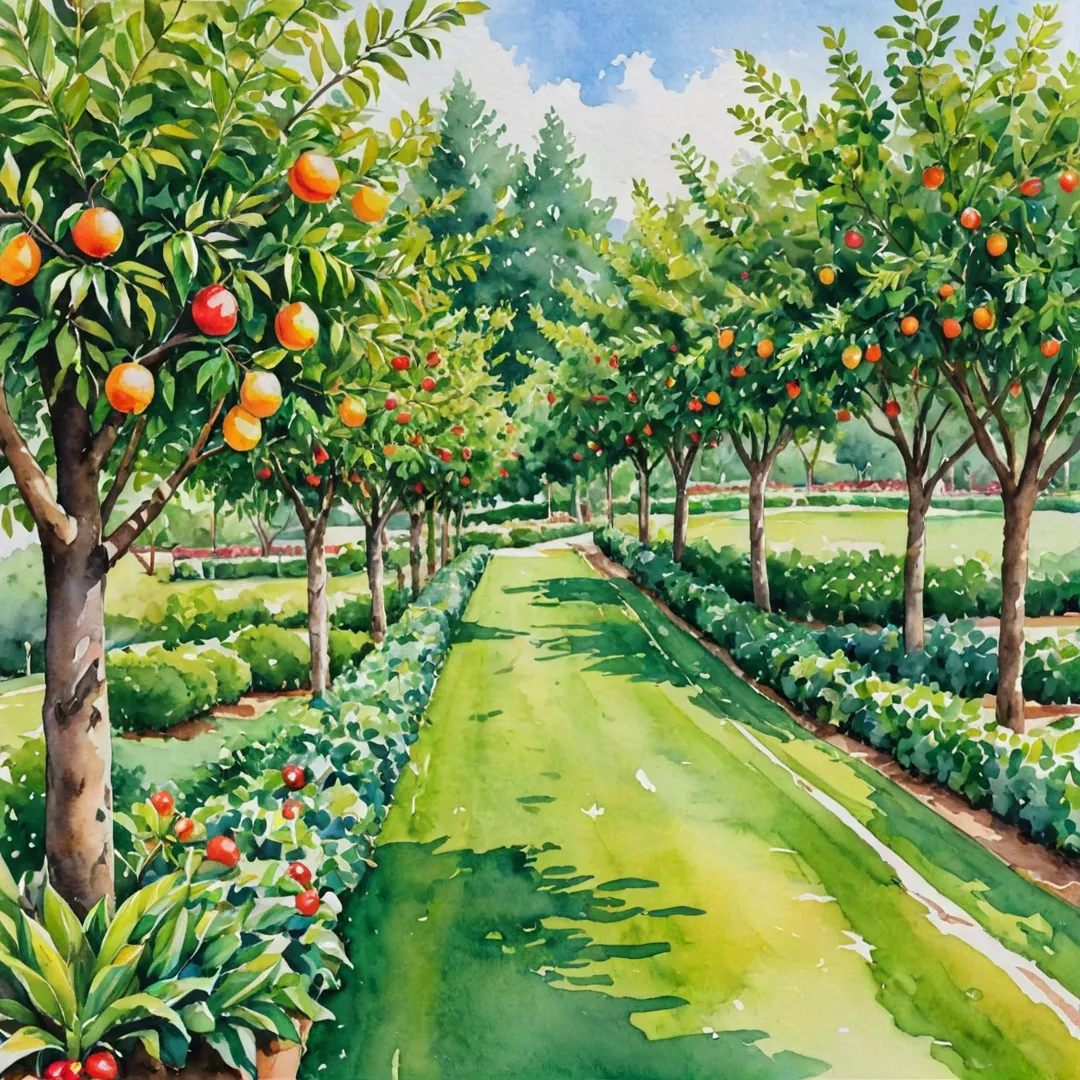 olorful fruit orchard, lush greenery, gated community, peaceful atmosphere, residents enjoying nature, sustainable living