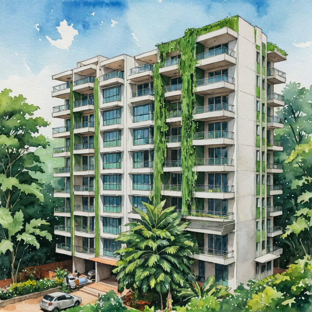 erene apartment building nestled amongst tech giants in Bangalore, with lush greenery and modern architecture.