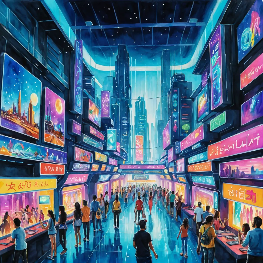 eople having fun at an entertainment center in a futuristic city, surrounded by neon lights and high-tech installations.