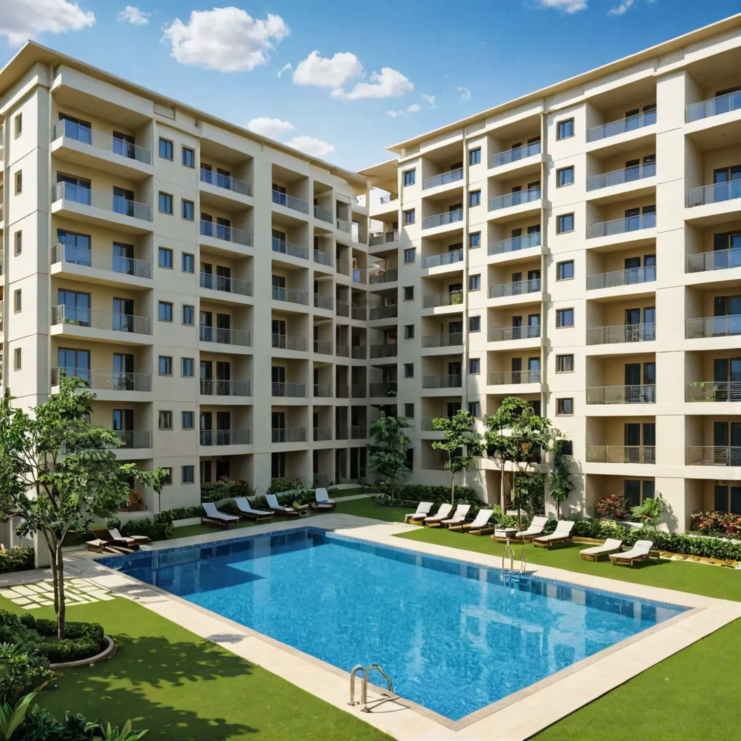 uxurious apartment complex in Bangalore East, Alita, surrounded by lush greenery and modern amenities. The image captures the essence of urban living with its spacious apartments, well-maintained gardens, swimming pools, gyms, and other recreational facilities. The design of the complex promotes a serene environment amidst busy city life while ensuring privacy within secure premises.