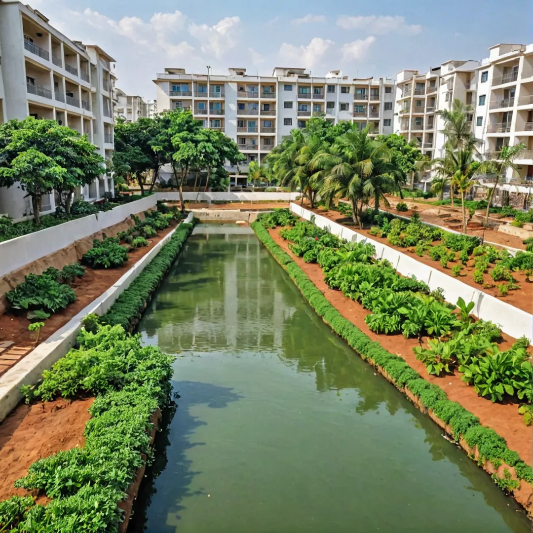 odern apartment complex, Bangalore East, green spaces, sustainable living, water conservation, Rajakaluve canals, proximity, harvesting pits, landscaping, agriculture, fruits and vegetables