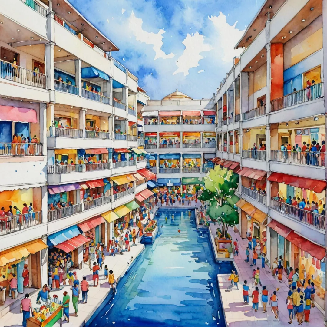 olorful, vibrant, bustling, crowded, diverse, lively, energetic, dynamic, people, families, children, adults, shopping mall, shops, stalls, food, beverages, drinks, music, laughter, entertainment venues, movie theaters, play areas, watercolor painting style