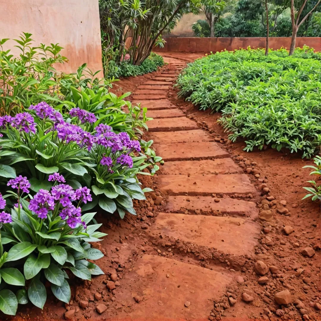 ibrant purple flowers, red soil, harmonious balance, urban living, green spaces, serene environment, Bengaluru