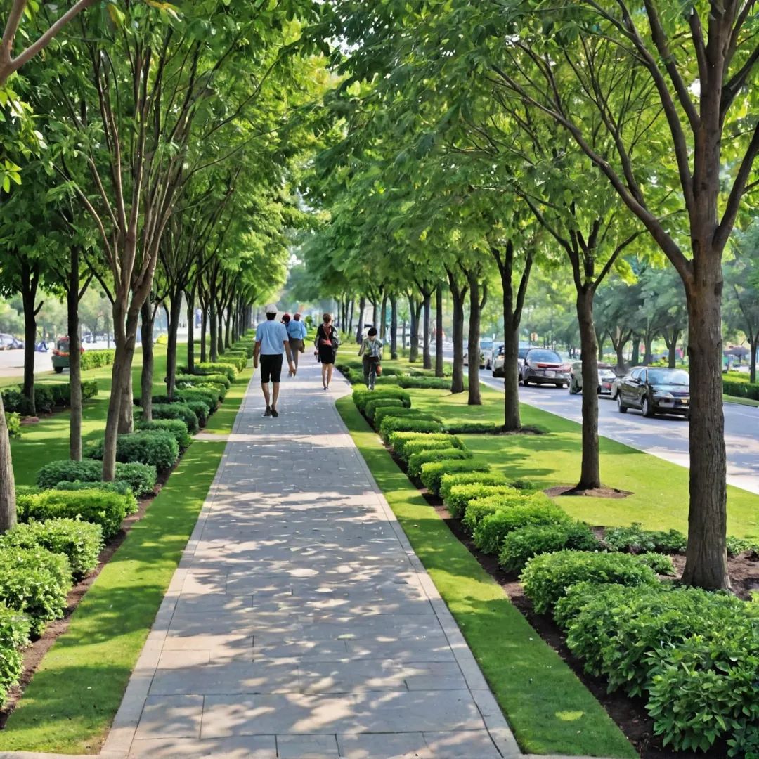 alkway surrounded by trees, providing ample shade for pedestrians. The pathway is well-maintained with a smooth surface and beautiful landscaping. People of all ages are seen strolling leisurely, engaged in conversation or enjoying the fresh air. The scene exudes a sense of community and harmony, creating an idyllic environment for residents to connect with nature while promoting healthy living.