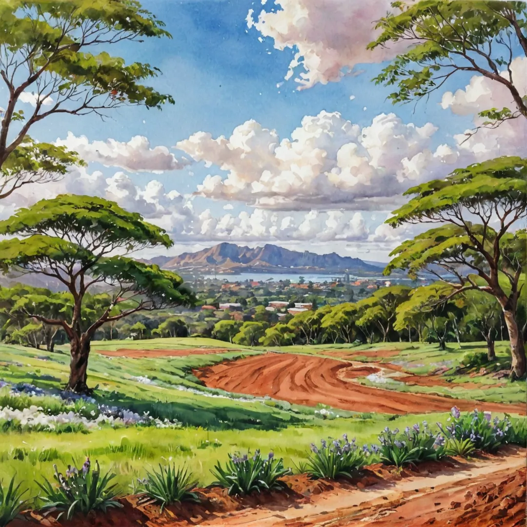 hoto of Alita's lush, green landscape featuring red soil and Jacaranda mimosafolia trees in the background. The sky is filled with fluffy white clouds, casting a warm, golden light over the scenery.