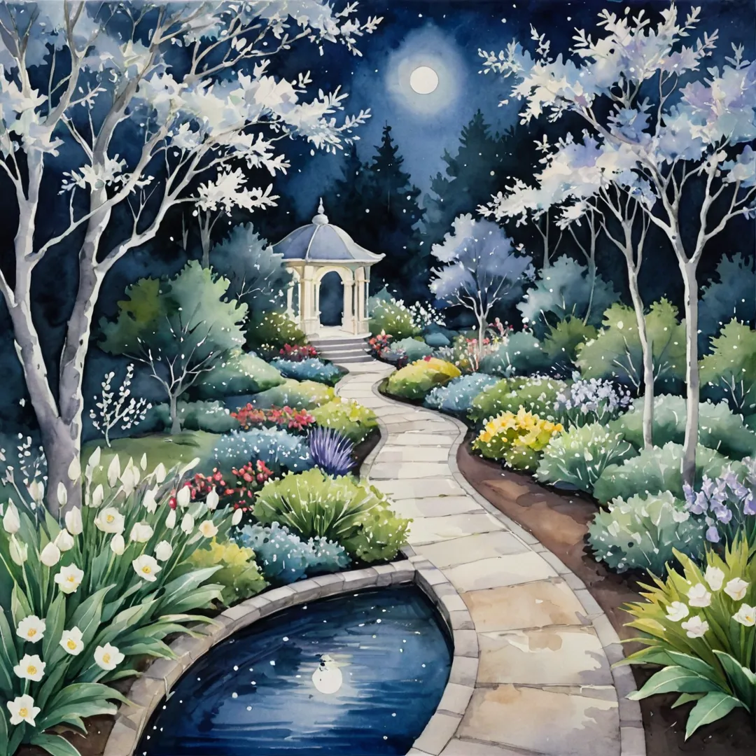 nchanted garden at night, serene atmosphere, tranquil setting, soft lighting, fragrant flowers, silvery foliage, peaceful ambiance, strolling paths, white and light-colored blooms, moonlit scene, relaxation, stress reduction, community living, harmony with nature