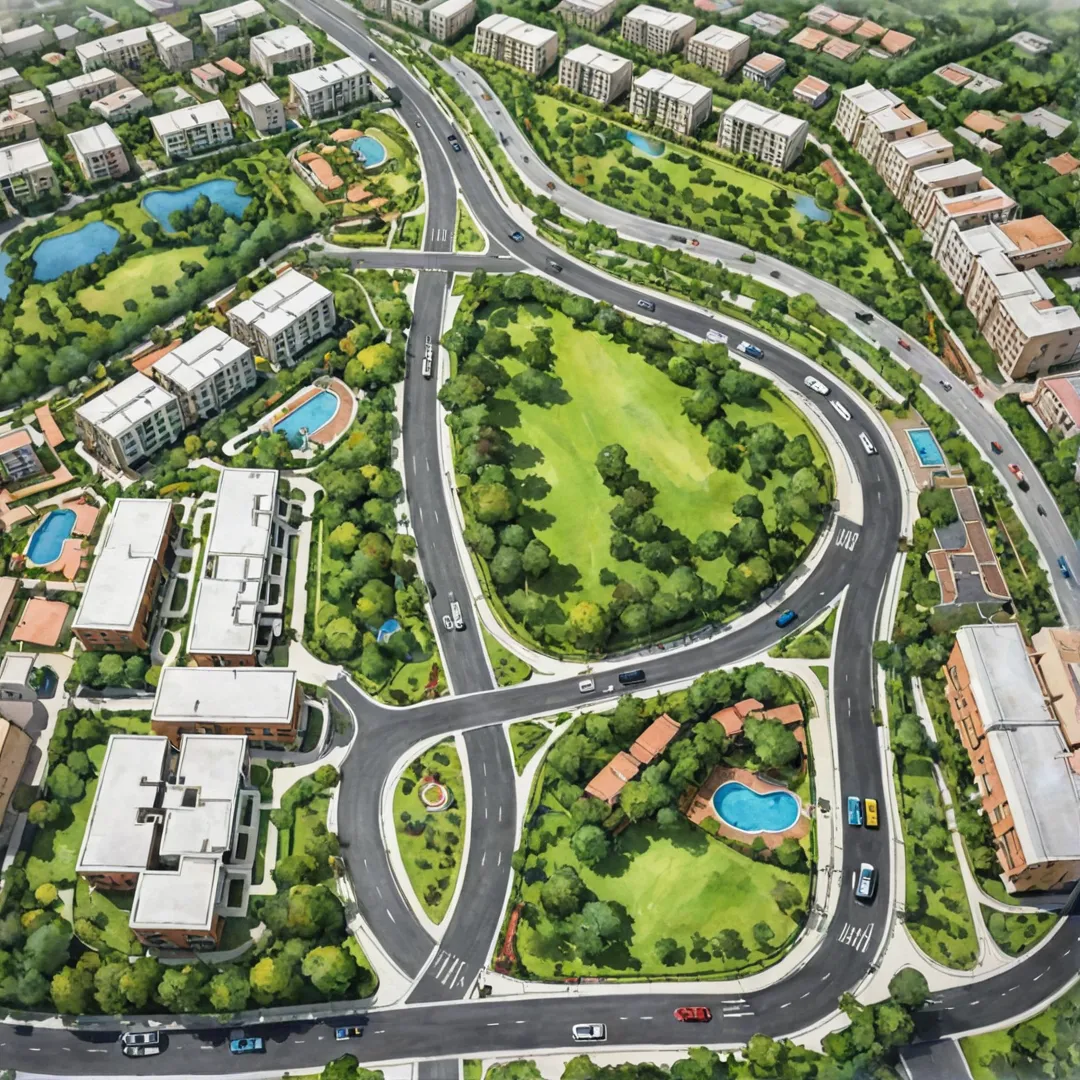 igh detailed image of a residential area, including well-planned roads and greenery, with an emphasis on the seamless connectivity provided by the transport facilities. The image should showcase the integration of sustainable features such as STPs and underground drainage systems while highlighting the vibrant community hub provided by the central clubhouse.