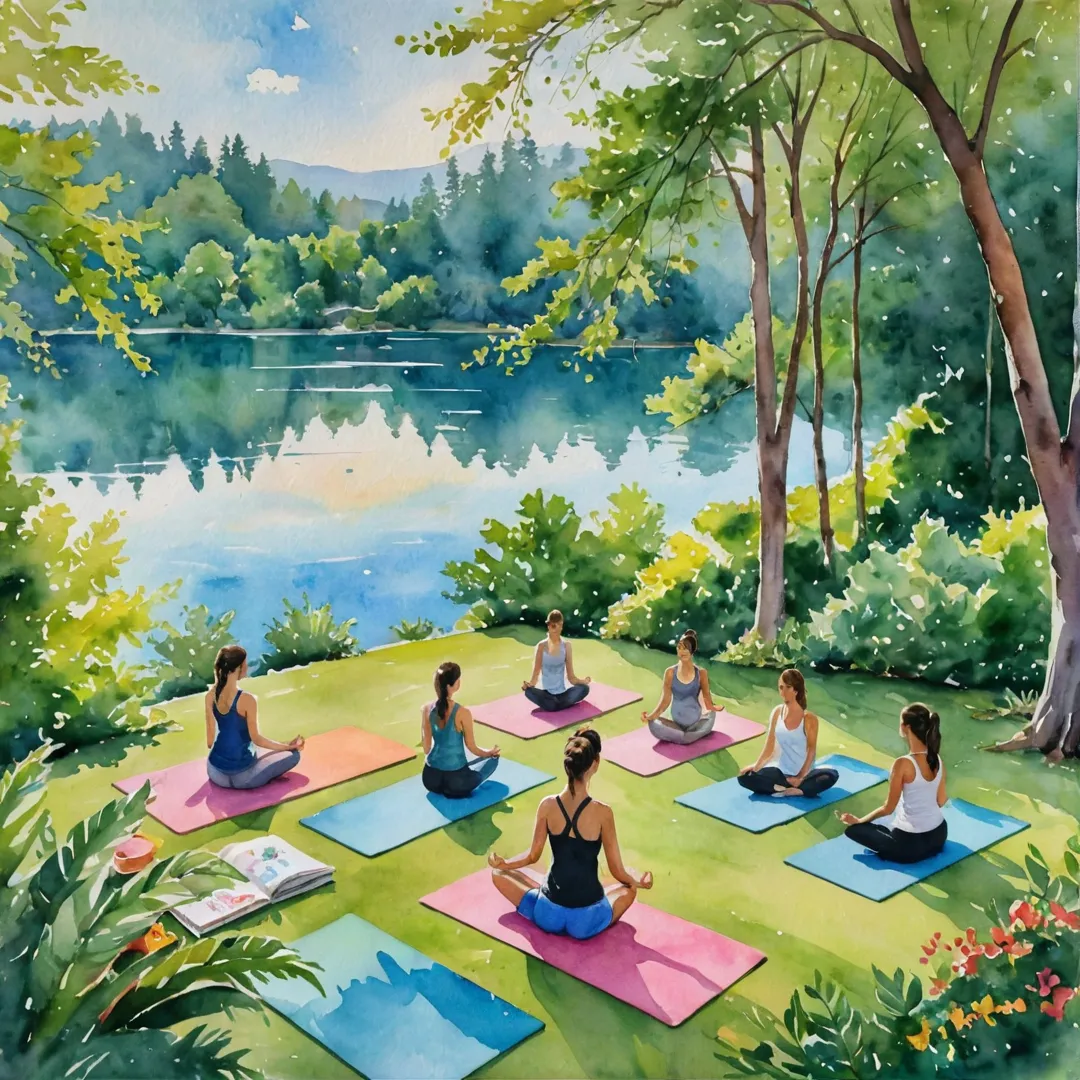 ibrant watercolor painting of a yoga retreat in the midst of nature, people practicing various poses on colorful mats, serene environment with lush greenery and a picturesque lake, warm sunlight filtering through trees, calming atmosphere