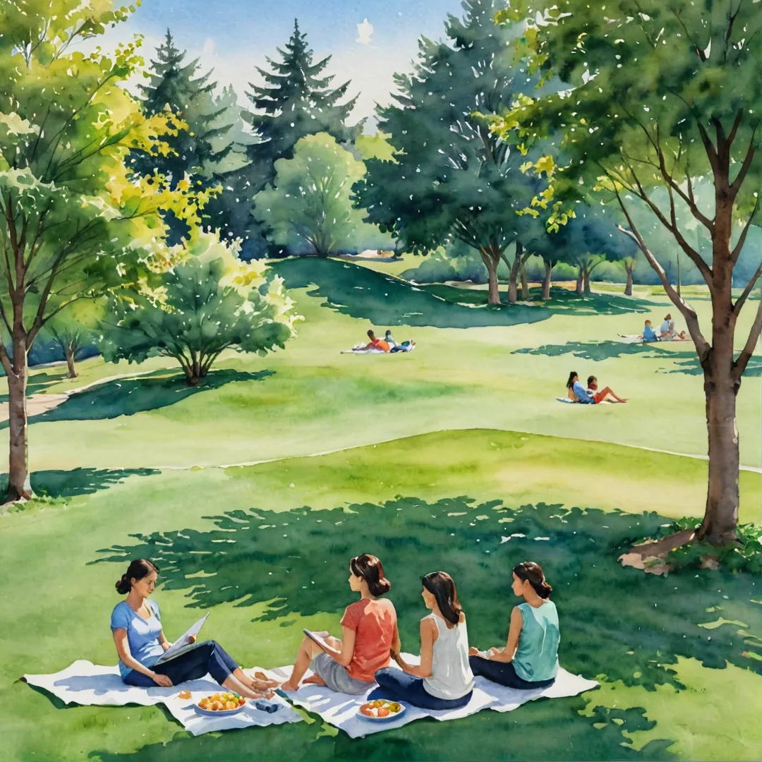 atercolor painting of a peaceful, sunny day at the grassy getaway in Alita. Residents are lounging on the grassy mounds, enjoying each other's company and the serene surroundings. The scene captures the sense of community and relaxation that these green spaces provide within the gated neighborhood.