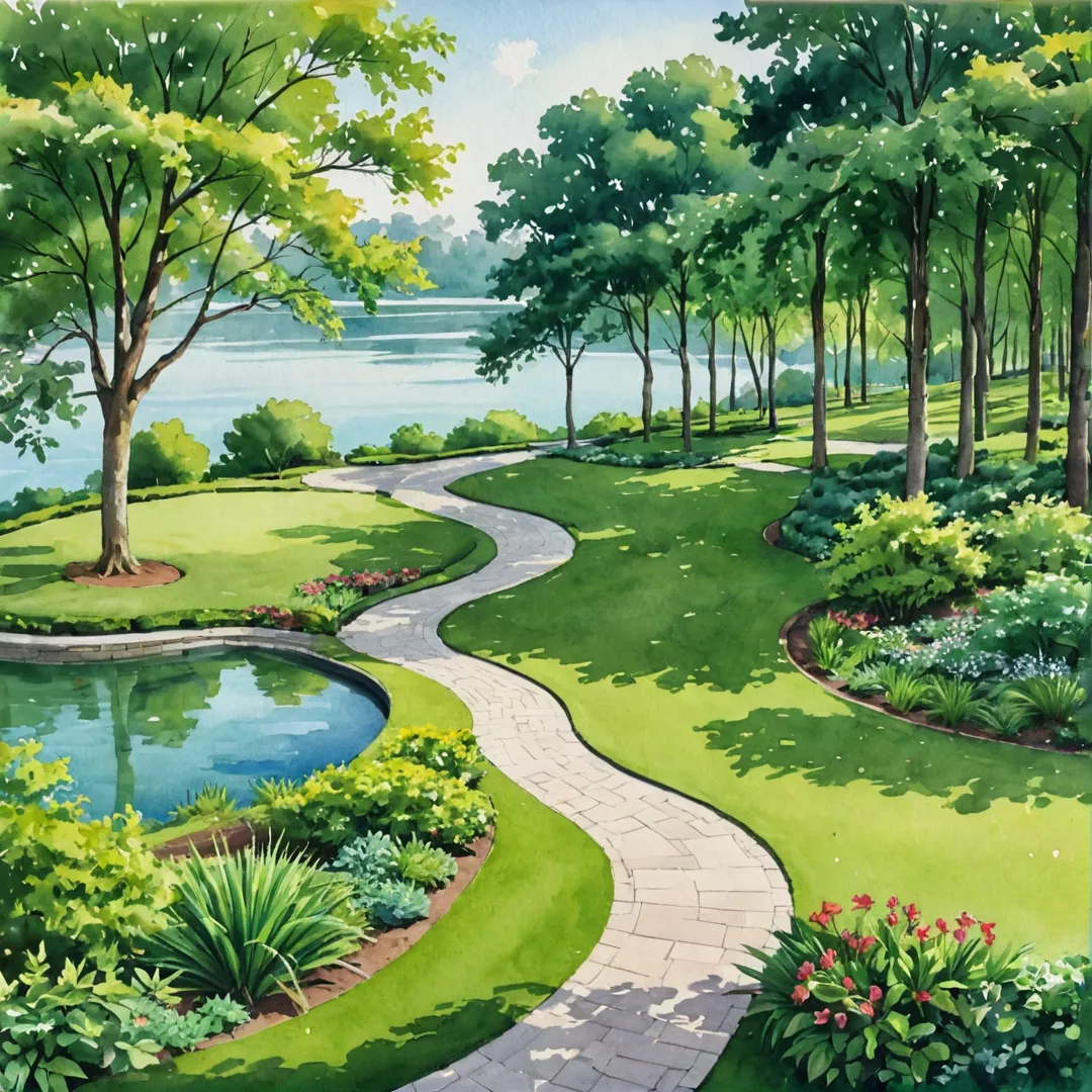 I-generated image of a lush green park with a winding pathway, trees providing shade, and a picturesque lake in the background. The landscape design is harmonious and incorporates modern architecture into its natural surroundings.