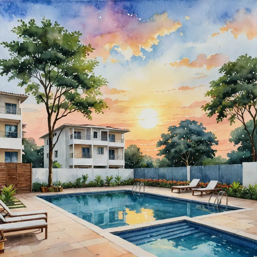 unset, watercolor, painting, clouds, landscape, serene, peaceful, residential, project, east bangalore, kacharakanahalli, soukya road, whitefield, greenery, fresh air, community spaces, clubhouse, swimming pool, badminton courts, sustainable, innovative design, comfortable living space