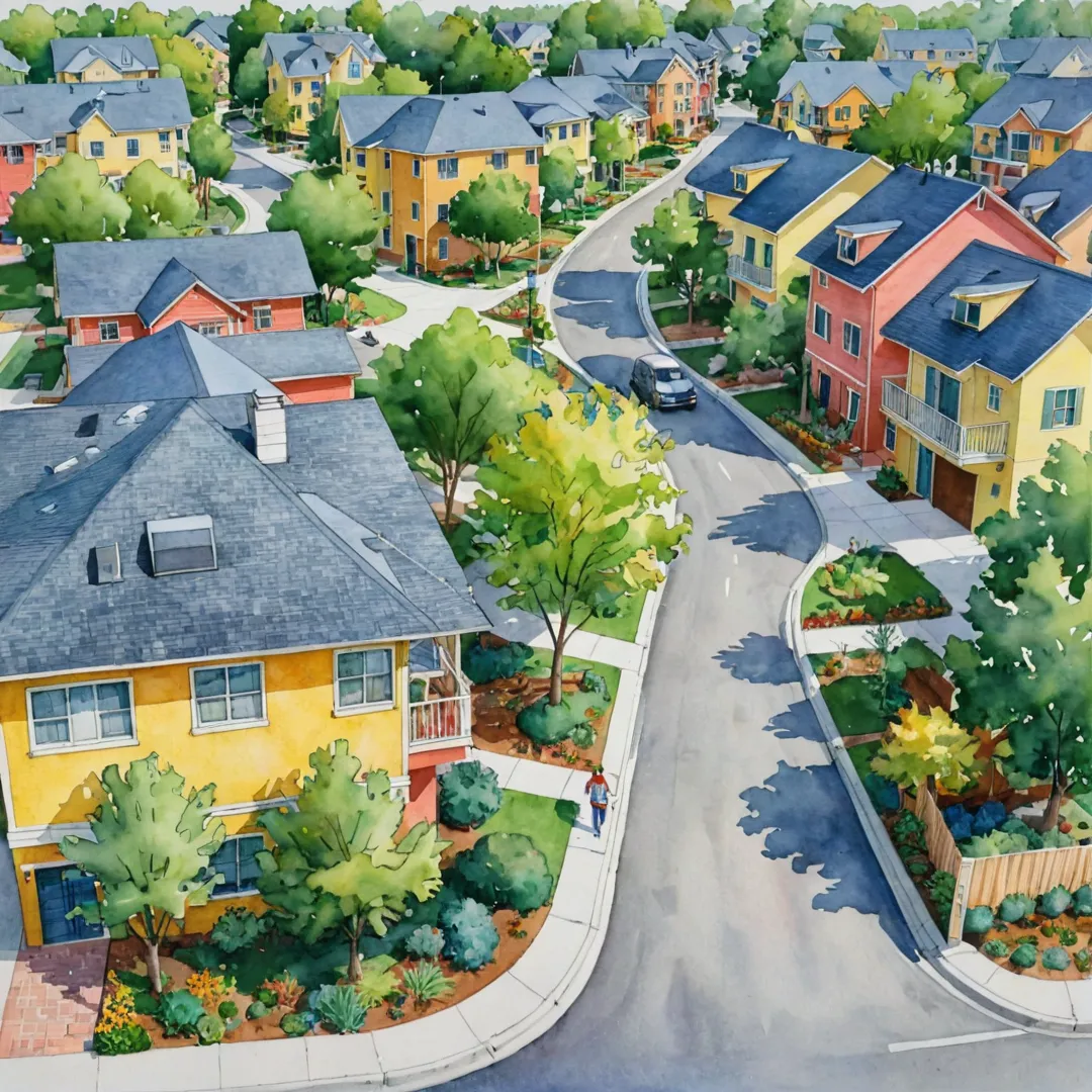 olorful watercolor painting of a vibrant neighborhood with well-planned footpaths and roads, showcasing connectivity, accessibility, sustainability, and community interaction. The artwork should depict diverse housing types in harmony, natural light exposure, ventilation, and safe pedestrian areas. Emphasize the seamless integration of residential plots with well-designed smaller streets that prioritize form and function.