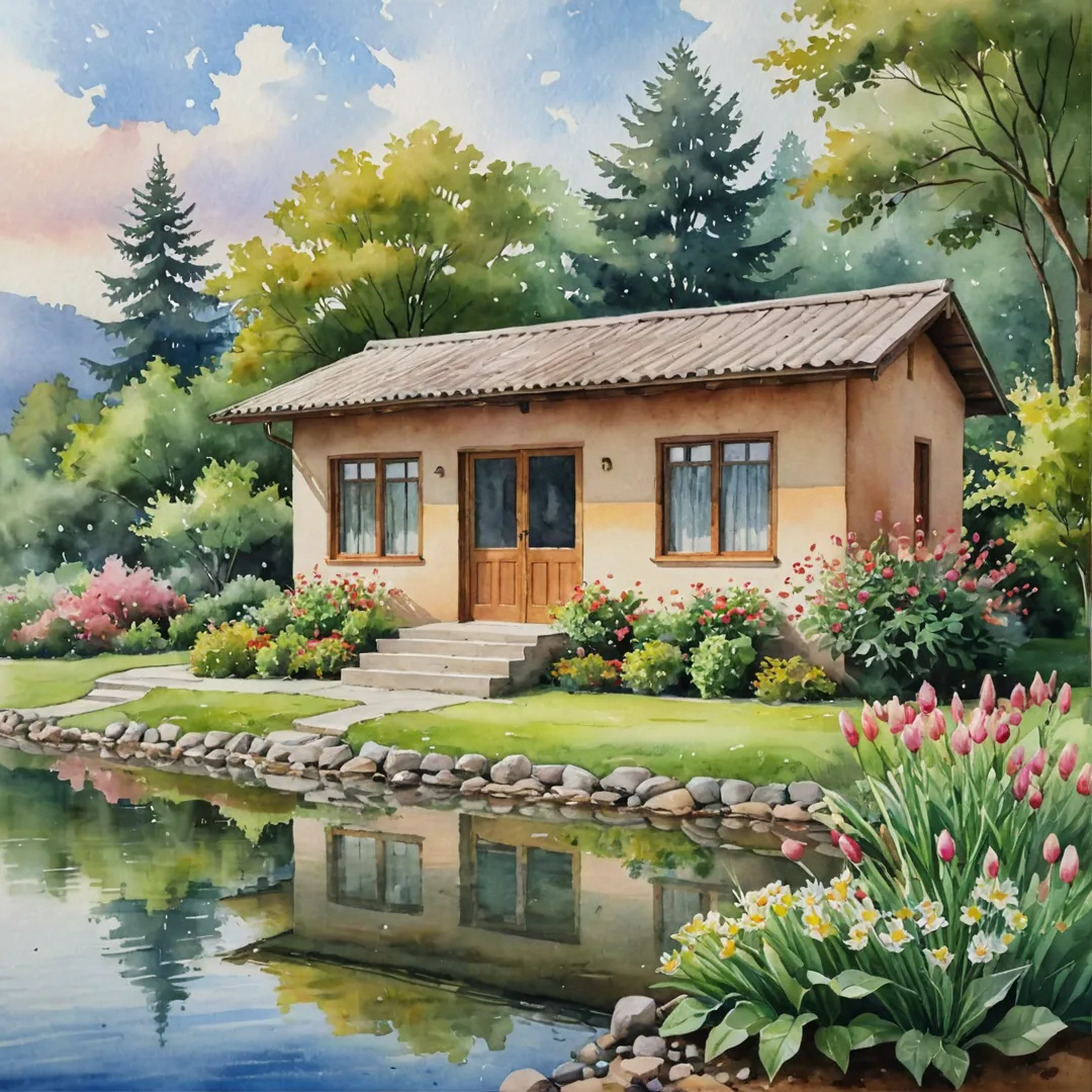 atercolor painting of a small clinic nestled in a lush, green landscape. The building is painted in warm earthy tones and has large windows that let in ample natural light. Outside the clinic, there's a wooden bench with flowers in a vase, inviting patients to relax before their appointments. A serene stream flows behind the clinic, providing a peaceful ambiance. The sky is painted with soft pastel colors, reflecting the tranquility of the scene.